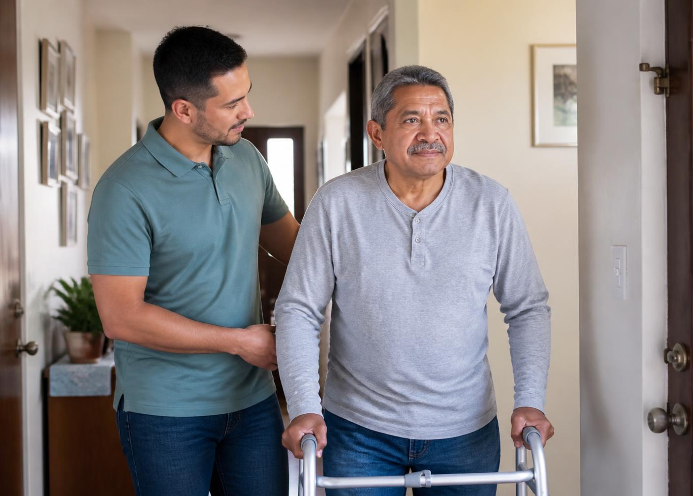 A caregiver walking beside an older man using a walker in a sunlit home hallway