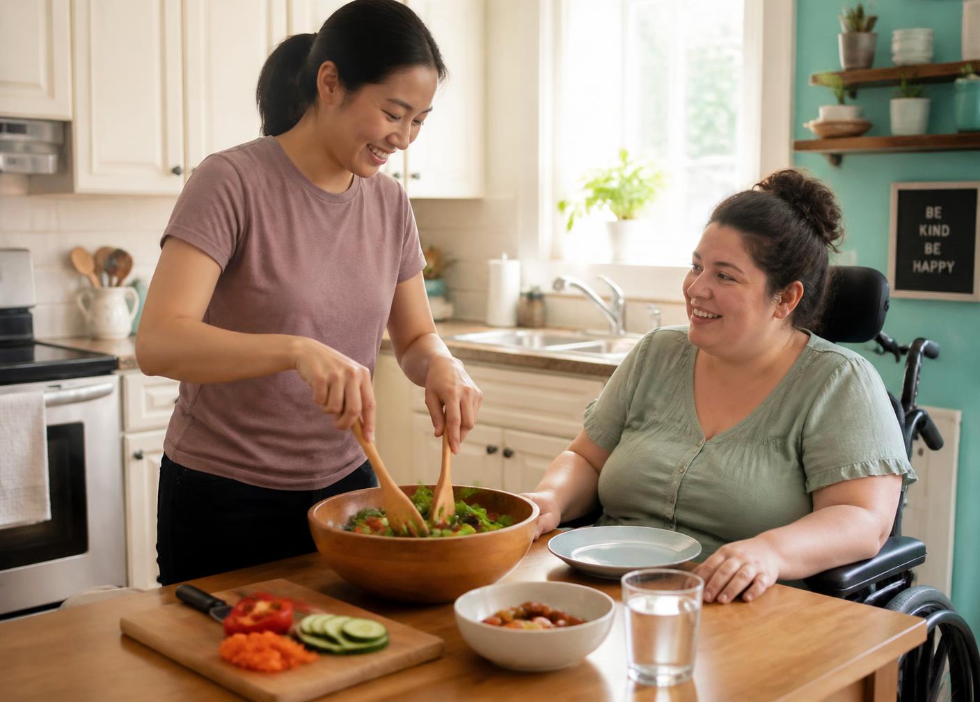 A caregiver preparing a fresh salad in a home kitchen with a seated client who uses a wheelchair